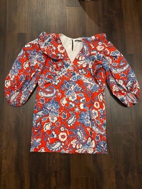 Zara Floral Paisley Mini Dress Red Blue Puff Sleeve Ruffle Medium